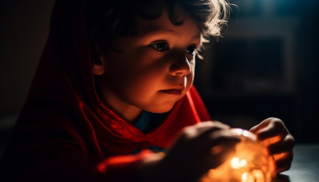 Free photo small boy holding flame concentration and playfulness generated by ai