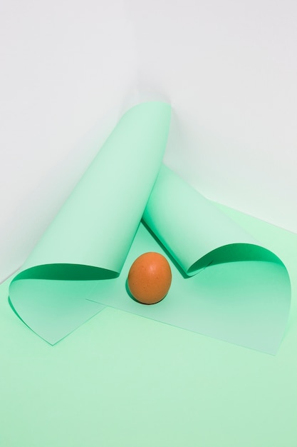 Small brown chicken egg with rolled papers on green table