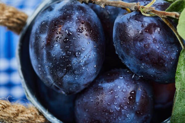 Small bucket of garden plums on a blue tablecloth. High quality photo