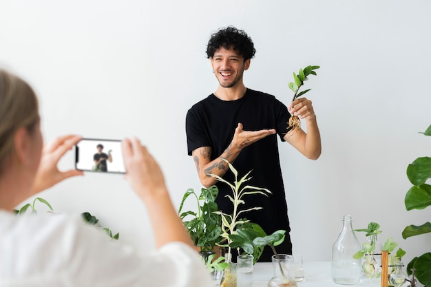 Free photo small business live stream for plant shop