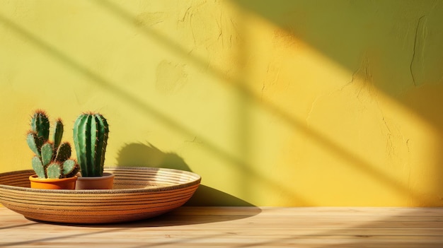 Free photo small cactus on a rustic table against yellow walls