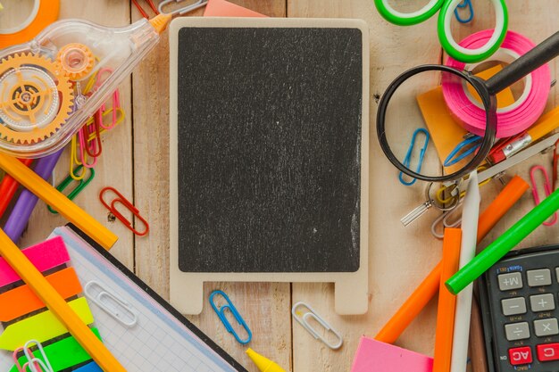 Small chalkboard and school stationery