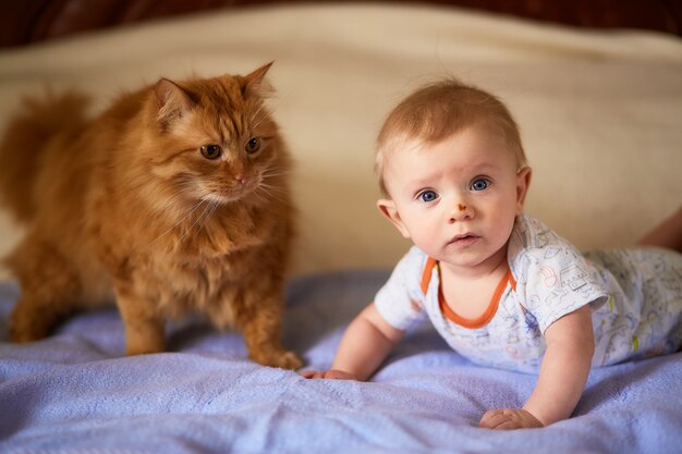 The small child and cat lie on the bed