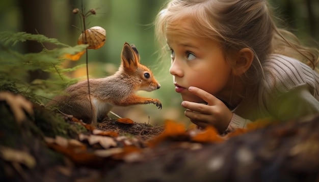 AI가 생성한 가을 숲에서 솜털 토끼를 안고 있는 작은 아이