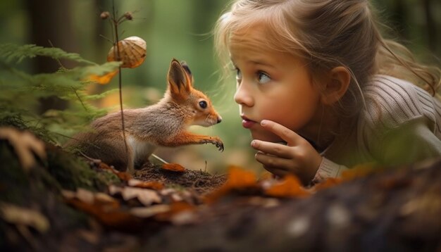 Small child holding fluffy rabbit in autumn forest generated by AI