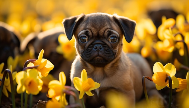 Foto gratuita piccolo cucciolo carino seduto sull'erba guardando il tulipano generato dall'intelligenza artificiale