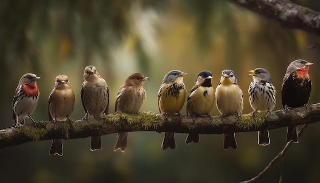 Foto gratuita piccoli fringuelli appollaiati su un ramo di foglie verdi generato dall'intelligenza artificiale