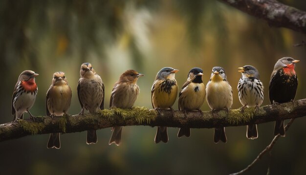 Small finches perching on green leaf branch generated by AI