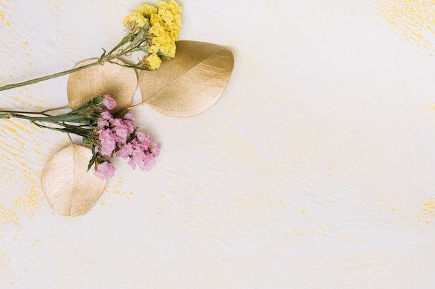 Small flowers branches on white table