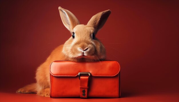 Small fluffy rabbit sitting in suitcase bag generated by AI