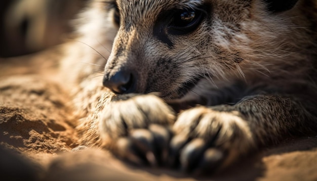 Free photo small furry meerkat snout sniffs alertly outdoors generated by ai