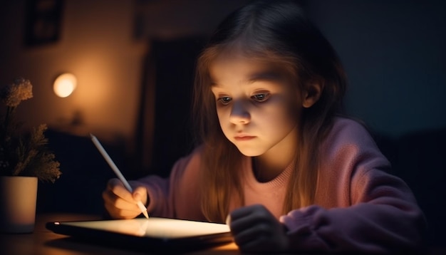 Foto gratuita piccola ragazza che legge un libro illuminato dalla finestra generata dall'intelligenza artificiale