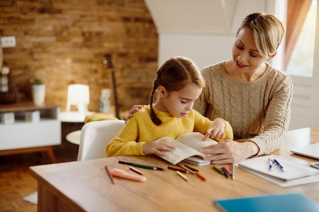 Small girl reading book while learning with help of her mother at home