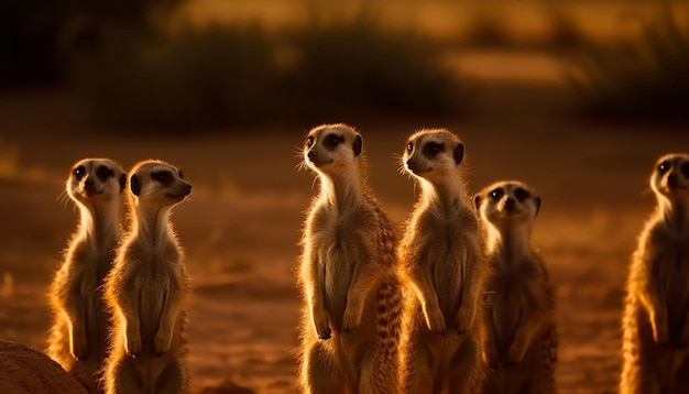 Foto gratuita piccolo gruppo di suricati in allerta in natura generato dall'intelligenza artificiale