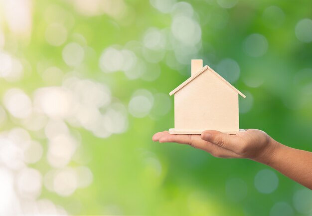 Small home model on the hand of women on blurred green