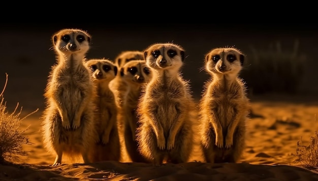 Avviso di una piccola famiglia di suricati seduti in fila generato dall'intelligenza artificiale
