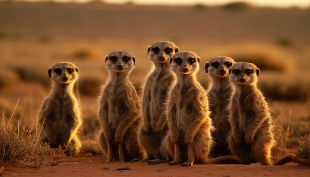 Free photo small meerkats alertly standing in a row outdoors generated by ai