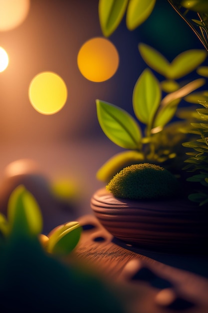 Free photo a small pot of plants sits in a dark room with a light in the background.