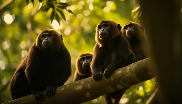Бесплатное фото Небольшая семья приматов сидит на ветке дерева, созданной ии