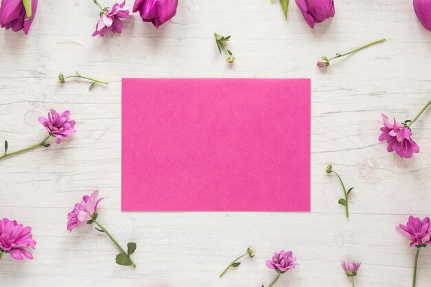 Small purple flowers with paper on table