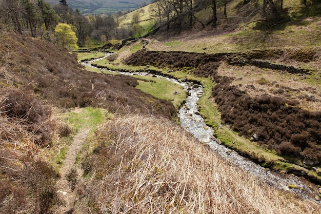 Small river surrounded by hills covered in greenery under the sunlight in the UK