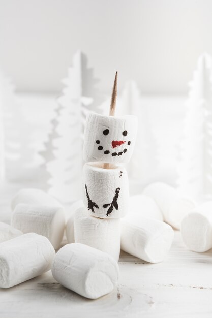 Small snowman made from marshmallows 