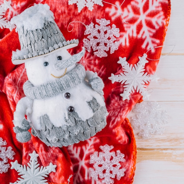 Small snowman on red blanket