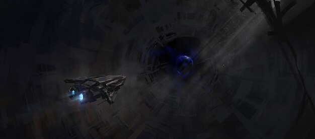 Small spacecraft sailing in an abandoned space station, 3d illustration.