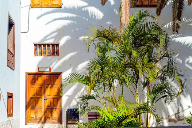 Small spanish patio with palm trees and banch. Old wooden door and windows in Garachico, Tenerife, Spain