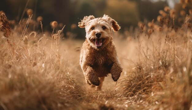 Small terrier and golden retriever playing in water generated by AI