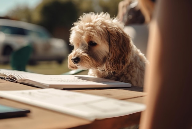 Small terrier sitting on table reading book generative AI