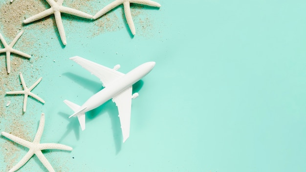 Small toy plane with sea stars on table