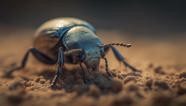 AIによって生成された緑の葉の上を小さなゾウムシが這う