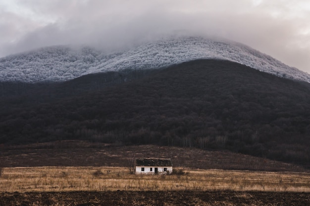 Small white single house in a field with fog on the mountain