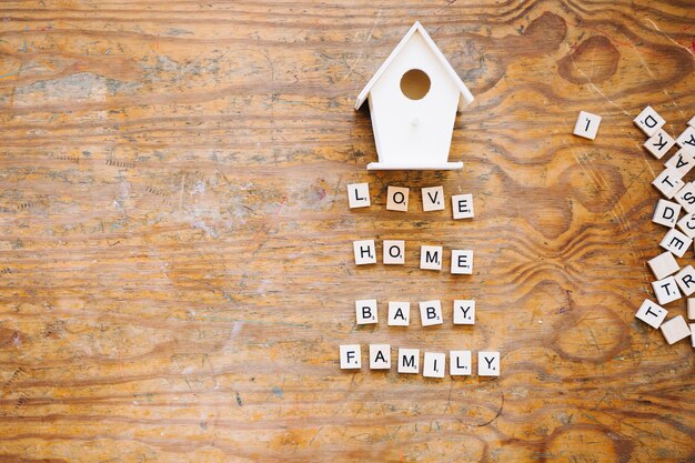 Small wooden house over writing about family