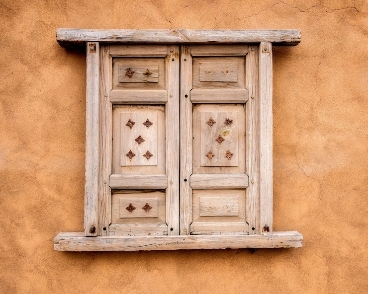 Free Photo small wooden window on an orange wall