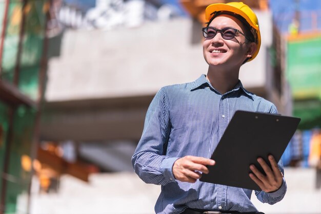 강철 및 콘크리트 구조 배경으로 현장 건설을 확인하는 안전 유니폼을 갖춘 똑똑한 아시아 엔지니어 관리자