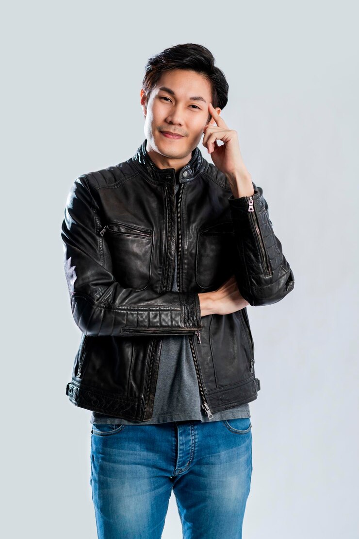Free Photo smart asian male adultyoung attractive smart male wear jacket casual cloth standing look at camera with concentra thinking posture isolate white background