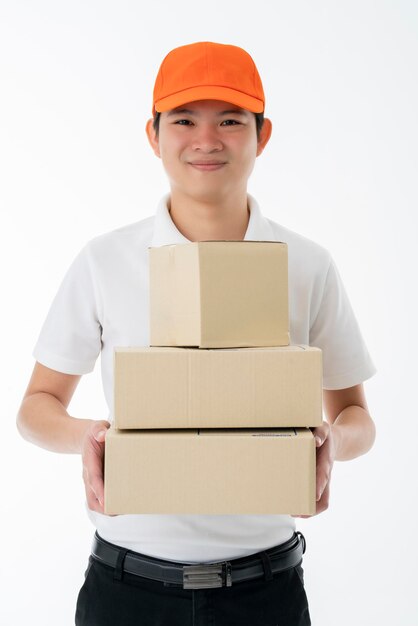 Smart asian messenger delivery man hand hold product boxes portrait half body isolate white background