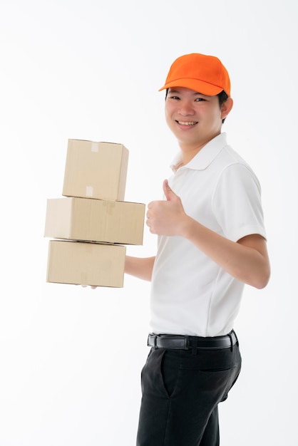 Smart asian messenger delivery man hand hold product boxes portrait half body isolate white background