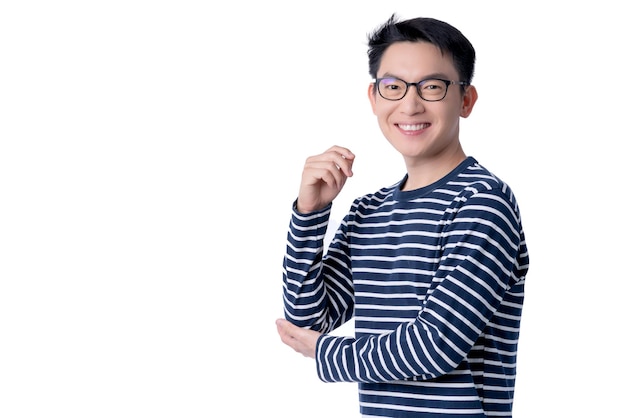 Smart attractive asian friendly male hand stand confident and smile with freshness and joyful casual blue shirt portrait white background