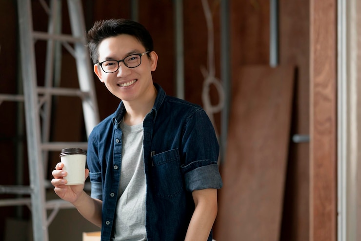 Free Photo smart attractive glasses male casual costume contractor woodwork on site home renovation concept smile and confident carpenter contractor at site construction background