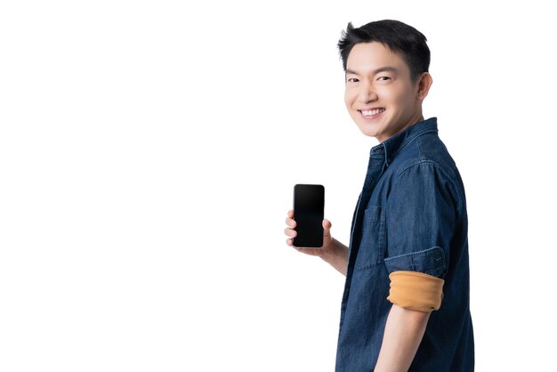 Smart casual lifestyle asian male smile with confident hand gesture show black screen smartphone communication concept white background