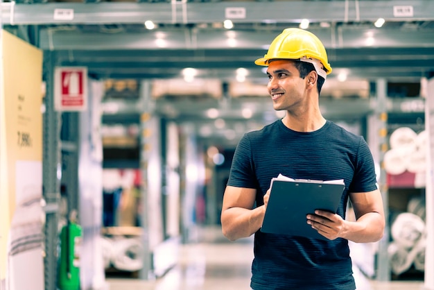 Foto gratuita uomo intelligente dell'ingegnere indiano che indossa un casco di sicurezza che esegue il controllo del segno di spunta e la gestione del prodotto in stock di cartone sullo sfondo del magazzino di fabbrica