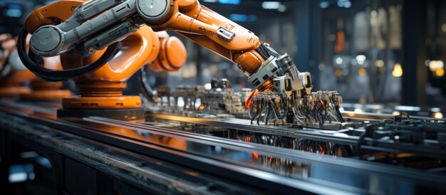 Smart industry robot arms for digital factory production technology showing automation manufacturing process of the Industry 40 or 4th industrial revolution and IOT software to control operation