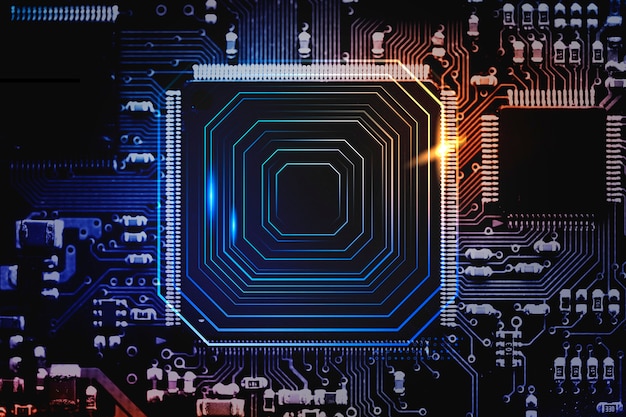 Smart microchip background on a motherboard closeup technology