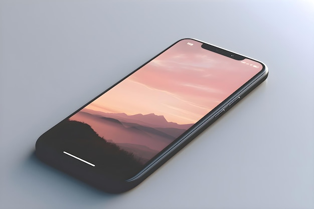 Бесплатное фото Смартфон с восходом солнца и горой на экране 3d-рендеринг