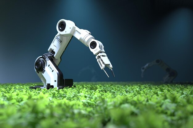 Smart robotic farmers concept robot farmers Agriculture technology Farm automation