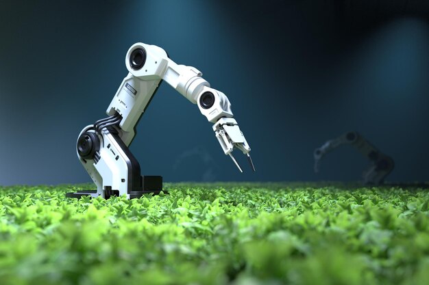 스마트 로봇 농부 개념 로봇 농부 농업 기술 농장 자동화