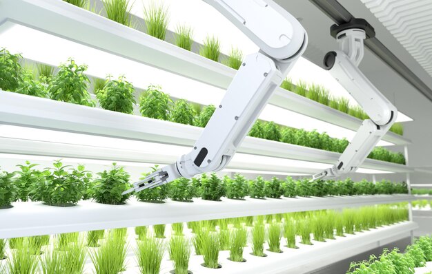 Smart robotic farmers concept robot farmers Agriculture technology Farm automation